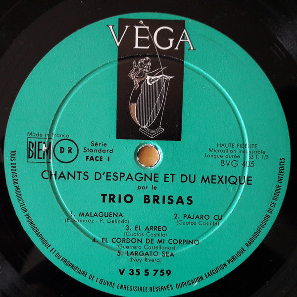 Trio Brisas : Chants D'Espagne & Du Mexique (10", Album)