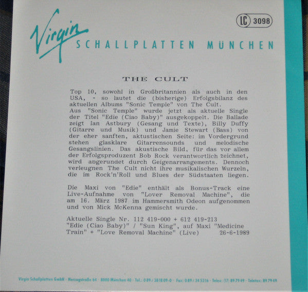 The Cult : Edie (Ciao Baby) (7", Single, Promo)
