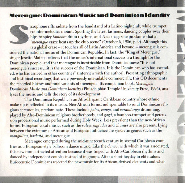 Various : Merengue - Dominican Music and Dominican Identity (CD, Comp)
