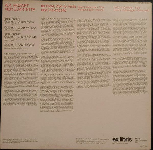 W.A. Mozart*, Peter Lukas Graf*, Heribert Lauer, Franz Hirschfeld, Esther Nyffenegger : Vier Quartette Für Flöte, Violine, Viola Und Violoncello (LP, Gat)