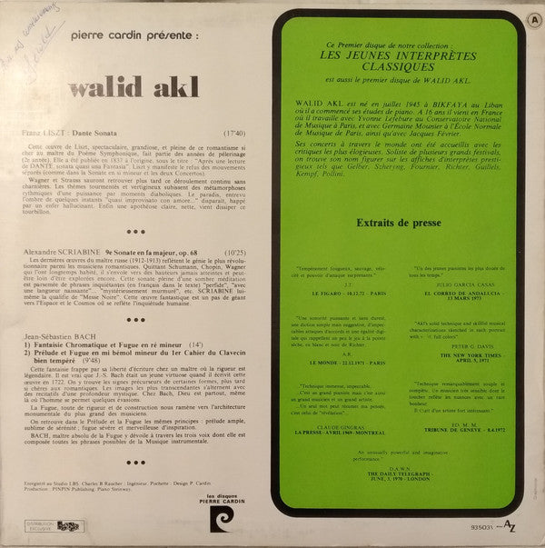 وليد عقل : Dante Sonata, 9e Sonate en Fa Majeur, Fantaisie Chromatique et Fugue (LP, Album)