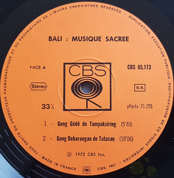 Various : Bali: Musique Sacrée (LP, RE)