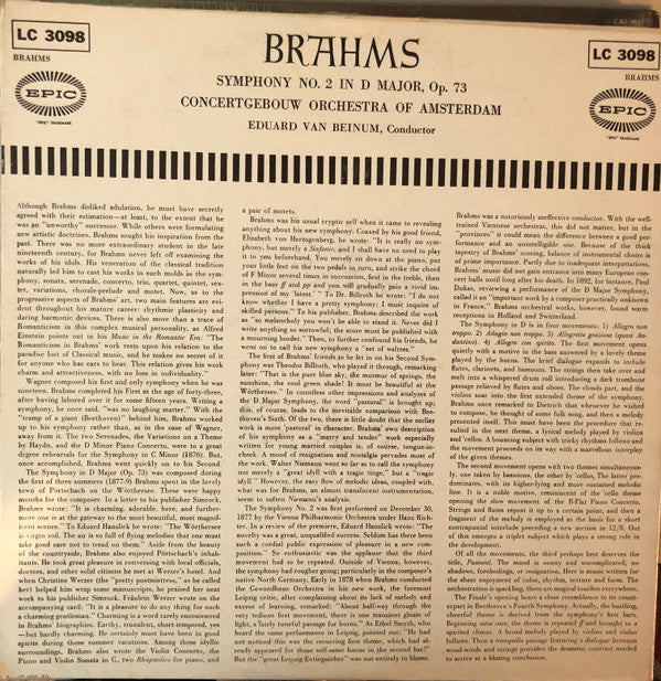 Johannes Brahms - Concertgebouworkest, Eduard Van Beinum : Symphony No. 2 In D Major, Opus 73 (LP, Mono)