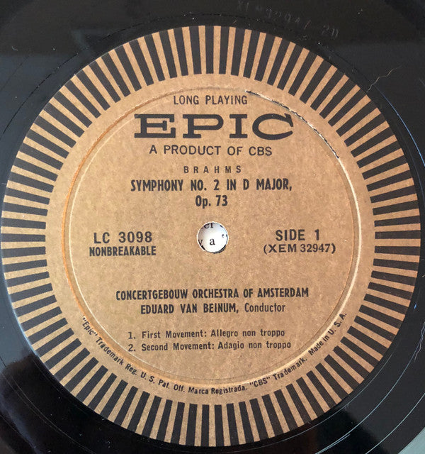 Johannes Brahms - Concertgebouworkest, Eduard Van Beinum : Symphony No. 2 In D Major, Opus 73 (LP, Mono)