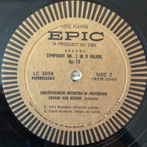 Johannes Brahms - Concertgebouworkest, Eduard Van Beinum : Symphony No. 2 In D Major, Opus 73 (LP, Mono)