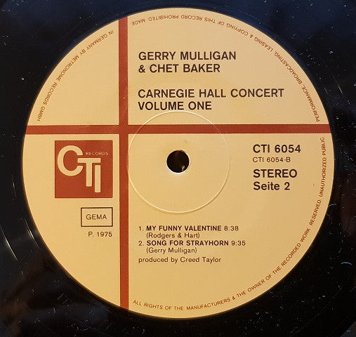 Gerry Mulligan / Chet Baker : Carnegie Hall Concert Volume 1 (LP, Album)