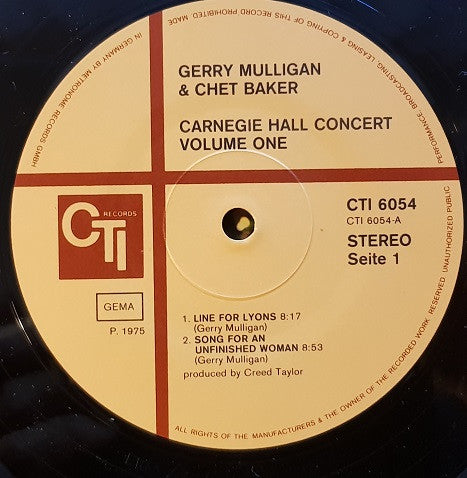 Gerry Mulligan / Chet Baker : Carnegie Hall Concert Volume 1 (LP, Album)