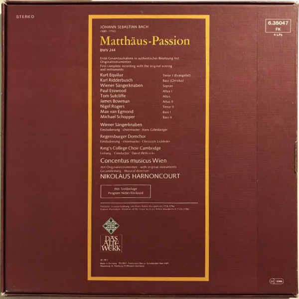 Johann Sebastian Bach - Nikolaus Harnoncourt : Matthäus-Passion (4xLP + Box)