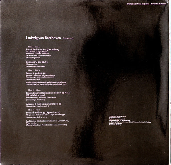 Ludwig Van Beethoven, Paul Badura-Skoda : Mondscheinsonate / Appasionata /  Les Adieux / Sonate Op. 111 (2xLP)