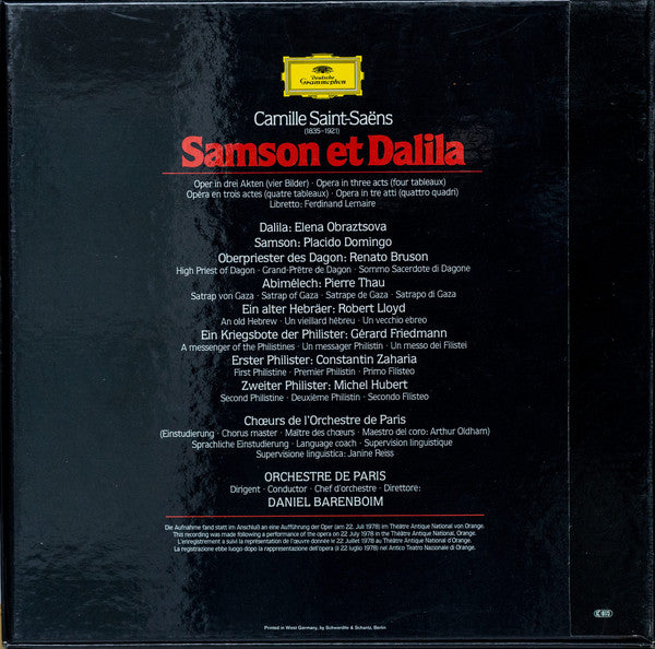 Camille Saint-Saëns - Elena Obraztsova • Placido Domingo • Renato Bruson • Robert Lloyd (4), Chœur De L'Orchestre De Paris • Orchestre De Paris • Daniel Barenboim : Samson Et Dalila (3xLP, Album + Box)