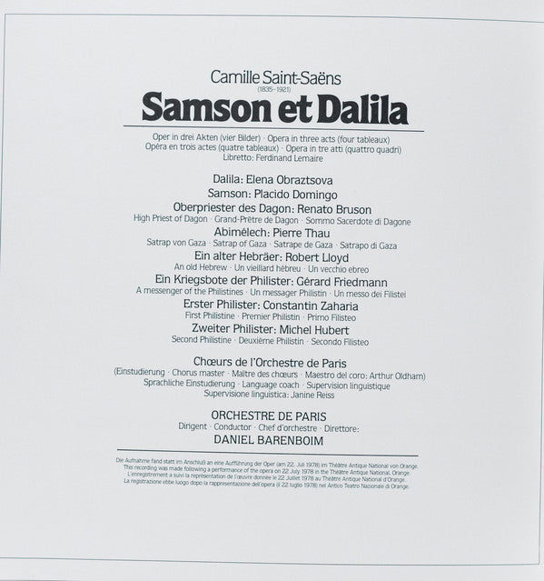 Camille Saint-Saëns - Elena Obraztsova • Placido Domingo • Renato Bruson • Robert Lloyd (4), Chœur De L'Orchestre De Paris • Orchestre De Paris • Daniel Barenboim : Samson Et Dalila (3xLP, Album + Box)