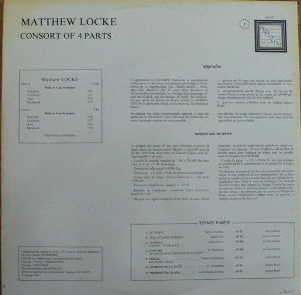 Matthew Locke - The Violes Of Oxenford : Approche De La Viole / Consort Of Four Parts (Suites N° 1 Et 4) (12")
