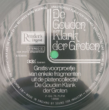 Various : Gratis Voorproefje van Enkele Fragmenten Uit de Platencollectie de Gouden Klank Der Groten (Flexi, 7", S/Sided, Smplr)