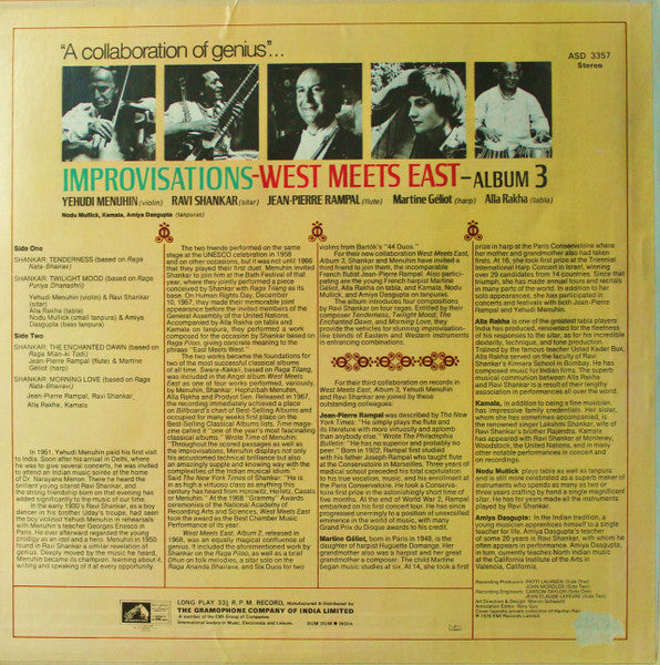 Yehudi Menuhin - Ravi Shankar - Jean-Pierre Rampal : Improvisations - West Meets East - Album 3 (LP, Album)