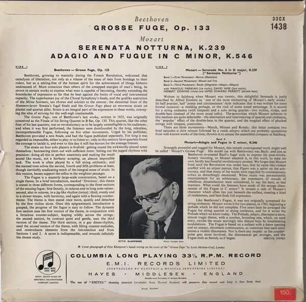 Ludwig van Beethoven, Wolfgang Amadeus Mozart, Otto Klemperer, Philharmonia Orchestra : Grosse Fuge, Op. 133 / Serenata Notturna, K.239 (LP, Album, Mono)