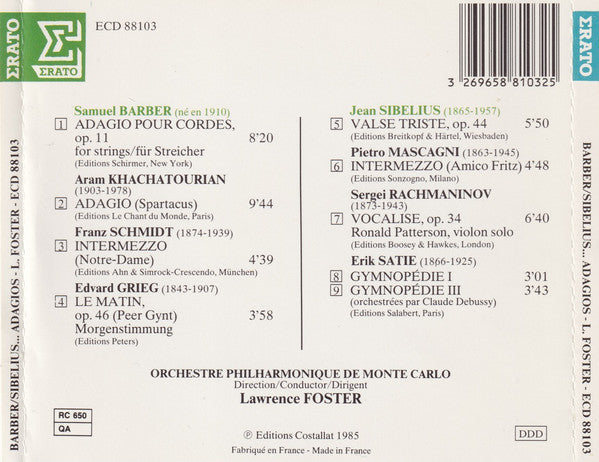 Orchestre Philharmonique De Monte-Carlo, Lawrence Foster : Barber/Adagio Sibelius/Valse Triste (CD, Album)