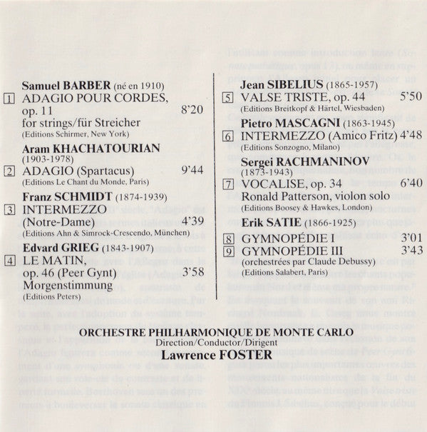Orchestre Philharmonique De Monte-Carlo, Lawrence Foster : Barber/Adagio Sibelius/Valse Triste (CD, Album)