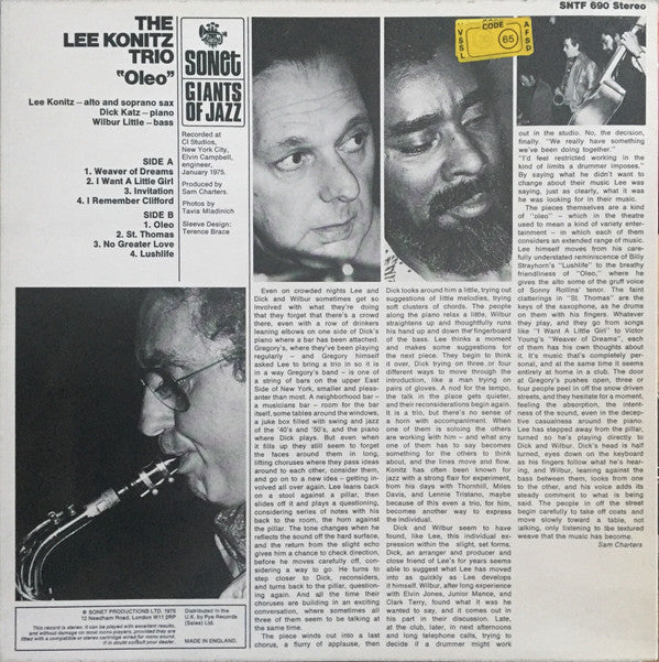 The Lee Konitz Trio : Oleo (LP, Album, RE)