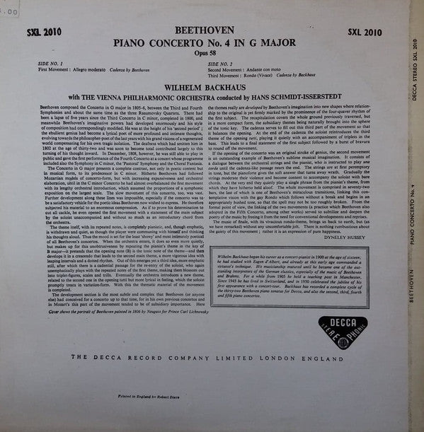 Ludwig van Beethoven, Wilhelm Backhaus, Wiener Philharmoniker, Hans Schmidt-Isserstedt : Piano Concerto No. 4 In G Major (LP, RP, ED4)