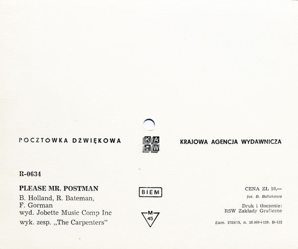 The Carpenters* : Please Mr. Postman (Flexi, 6", S/Sided, Mono, Card, Pic)