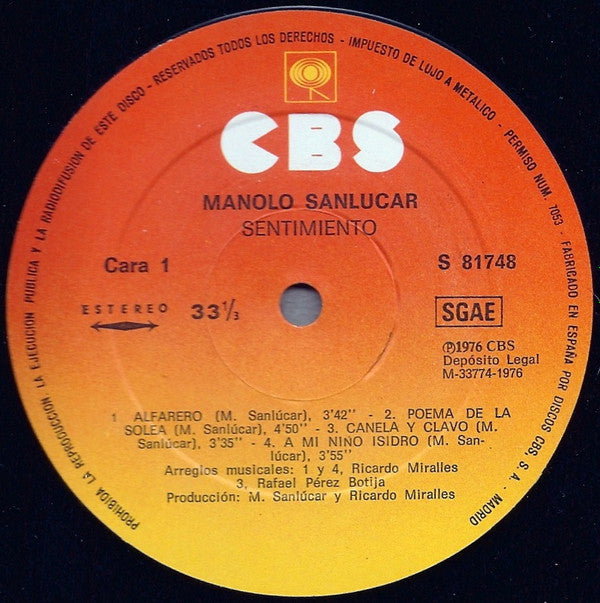 Manolo Sanlúcar : Sentimiento (LP, Album)