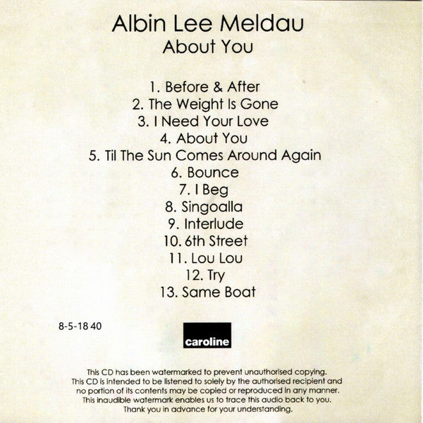 Albin Lee Meldau : About You (CDr, Album, Num, Promo)