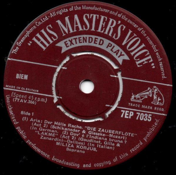 Miliza Korjus : The Voice Of Miliza Korjus (7", EP)