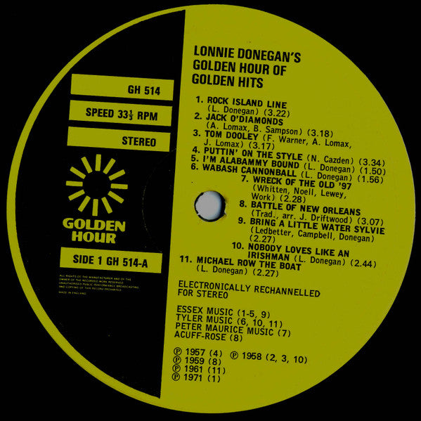 Lonnie Donegan : Lonnie Donegan's Golden Hour Of Golden Hits (LP, Comp, Yel)