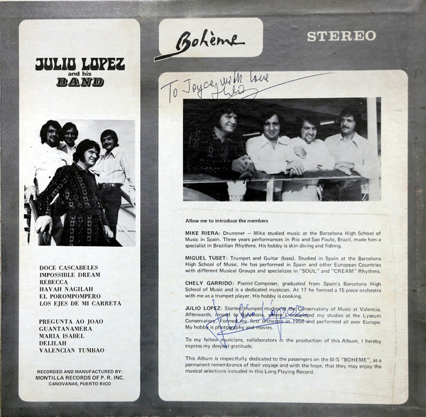 Julio Lopez Y Su Orquesta Bella Valencia : Caribbean Sea (LP, Album, Yel)