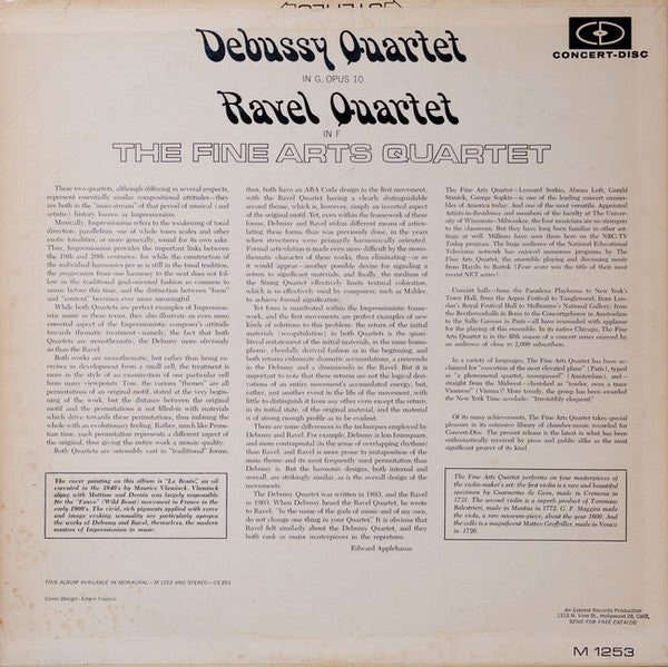 Claude Debussy / Maurice Ravel, The Fine Arts Quartet : Quartet In G, Opus 10 / Quartet In F (LP, Album, Mono)