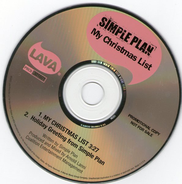 Simple Plan : My Christmas List (CD, Single, Promo)