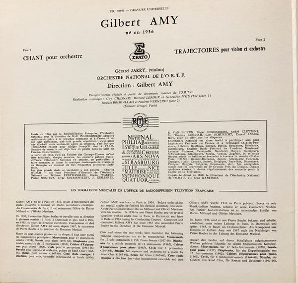 Orchestre National De L'ORTF, Gilbert Amy, Gérard Jarry : Chant / Trajectoires Pour Violon & Orchestre (LP, Gat)