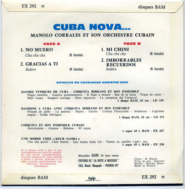 Manolo Corrales Et Son Orchestre Cubain : Cuba Nova ... (7", EP)