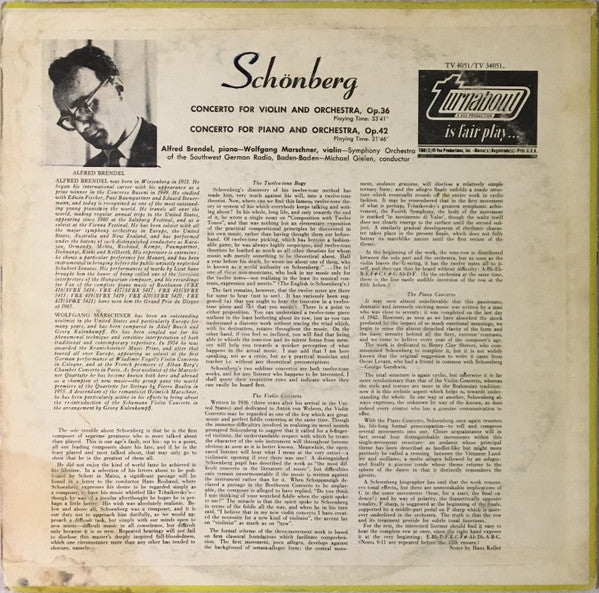 Arnold Schoenberg / Alfred Brendel / Wolfgang Marschner : Piano Concerto, Op. 42 / Violin Concerto, Op. 36 (LP, M/Print, RE, RM)