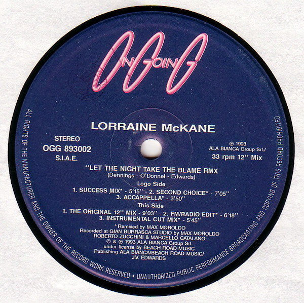 Lorraine McKane : Let The Night Take The Blame Remix (12")
