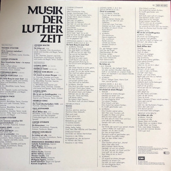 Martin Agricola, Ludwig Senfl, Johann Walter, Heinrich Isaac, Paul Hofhaimer, Arnold Von Bruck : Musik Der Luther-Zeit (LP, Album, Gat)