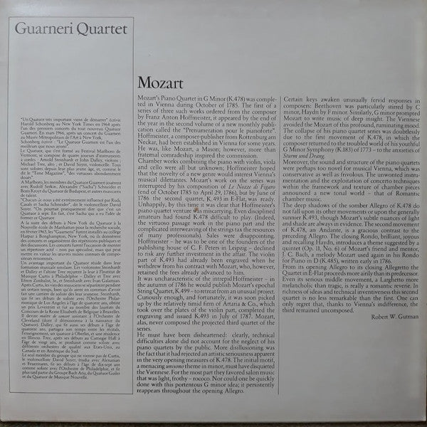 Wolfgang Amadeus Mozart, Arthur Rubinstein, Guarneri Quartet : Les Quatuors Avec Piano K.478 & 493 (LP, Gat)