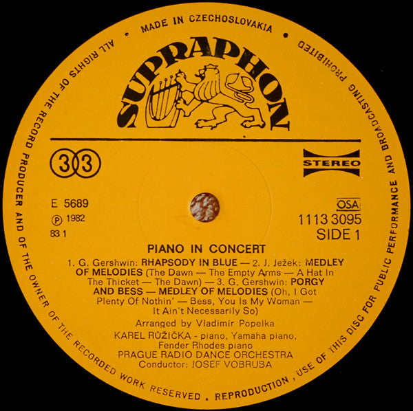 Karel Růžička, Czechoslovak Radio Dance Orchestra, Josef Vobruba : Piano In Concert (LP, Album, RP)