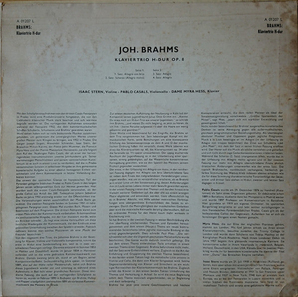 Johannes Brahms / Pablo Casals - Myra Hess - Isaac Stern : Klaviertrio H-Dur Op. 8 (LP, Mono)