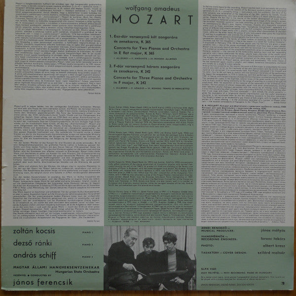 Zoltán Kocsis, András Schiff, Dezső Ránki, Hungarian State Orchestra, János Ferencsik - Wolfgang Amadeus Mozart : Concerti For Two And Three Pianos (LP, Album)