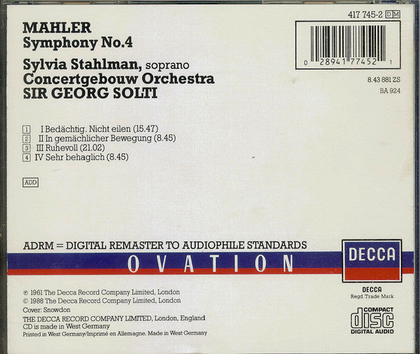 Gustav Mahler, Sylvia Stahlman, Concertgebouworkest, Georg Solti : Symphony No. 4 (CD, Album, RM)
