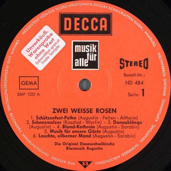 Josef Augustin Und Seine Original Donauschwäbische Blasmusik : Zwei Weiße Rosen (LP, Album)