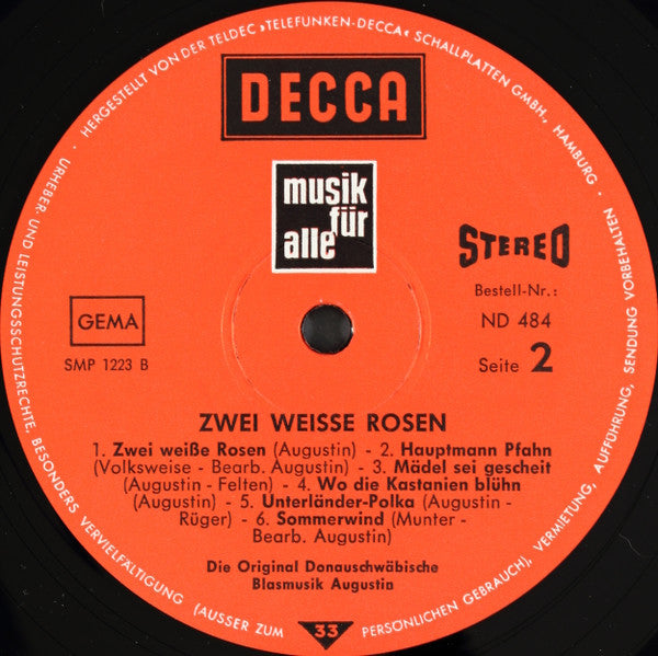 Josef Augustin Und Seine Original Donauschwäbische Blasmusik : Zwei Weiße Rosen (LP, Album)