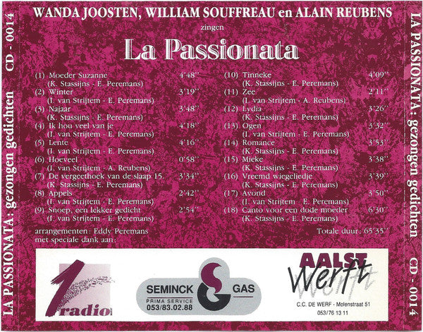 Wanda Joosten, William Souffreau En Alain Reubens : La Passionata: Gezongen Gedichten (CD, Album)