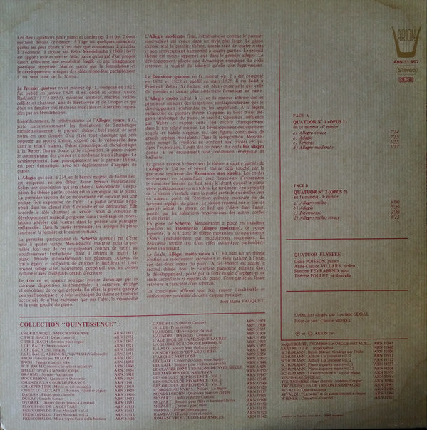 Felix Mendelssohn-Bartholdy - Quatuor Elyséen : Quatuors Pour Piano Et Cordes  (LP, RE)