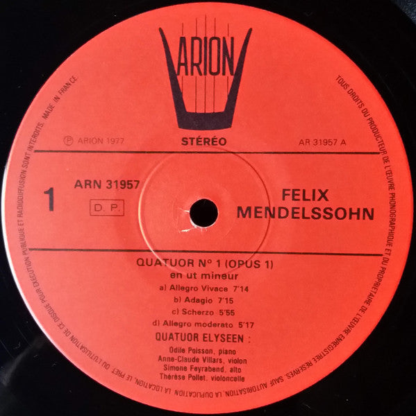 Felix Mendelssohn-Bartholdy - Quatuor Elyséen : Quatuors Pour Piano Et Cordes  (LP, RE)