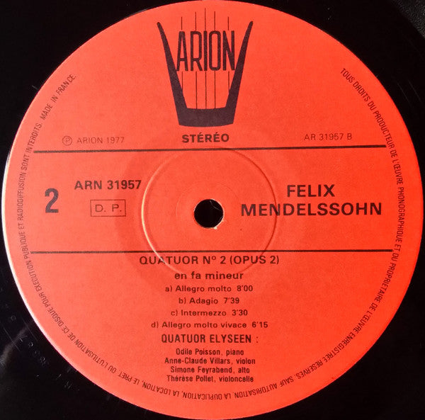 Felix Mendelssohn-Bartholdy - Quatuor Elyséen : Quatuors Pour Piano Et Cordes  (LP, RE)