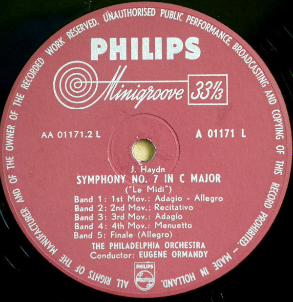 The Philadelphia Orchestra, Eugene Ormandy / Joseph Haydn : "Farewell" Symphony No. 45 In F Sharp Minor / "Le Midi" Symphony No. 7 In C Major  (LP, Album, Mono)