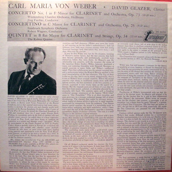 Carl Maria von Weber / David Glazer : Concerto Nº 1, Clarinet / Concertino, Clarinet / Quintet Clarinet (LP)
