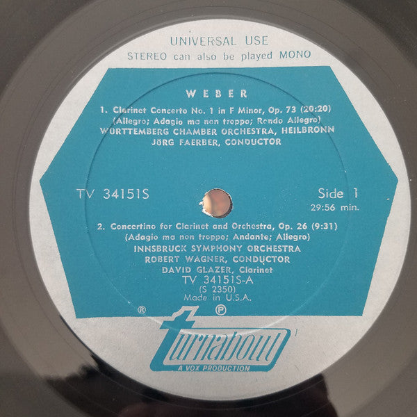 Carl Maria von Weber / David Glazer : Concerto Nº 1, Clarinet / Concertino, Clarinet / Quintet Clarinet (LP)
